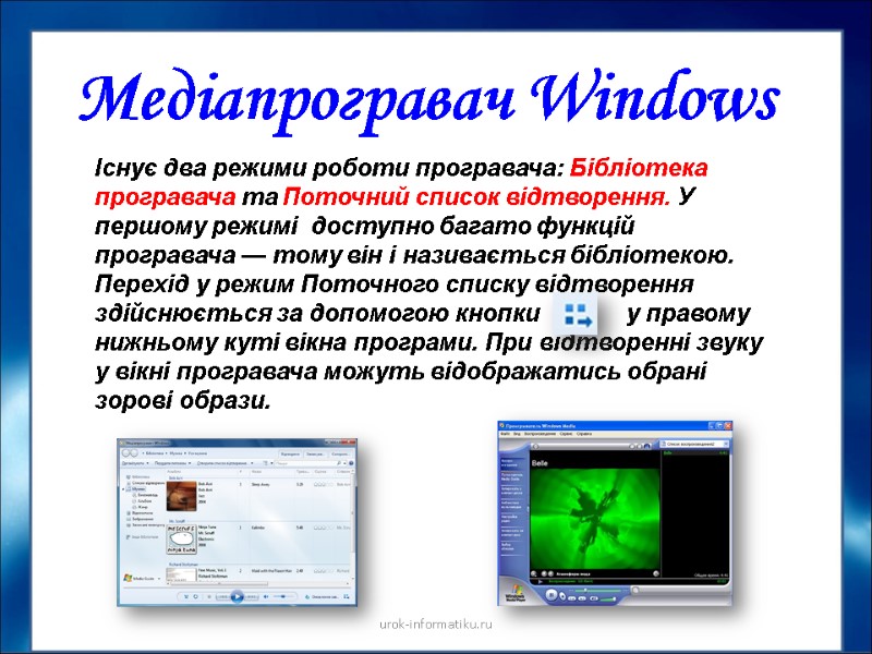 Медіапрогравач Windows Існує два режими роботи програвача: Бібліотека програвача та Поточний список відтворення. У
